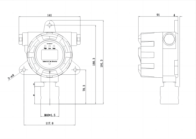 固定式四氫噻吩氣體檢測(cè)報(bào)警器外型示意圖